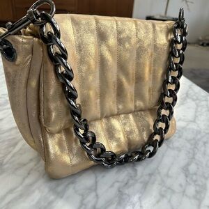 Think Royln Gold Quilted Shoulder Bag with Gunmetal Chain, Like New